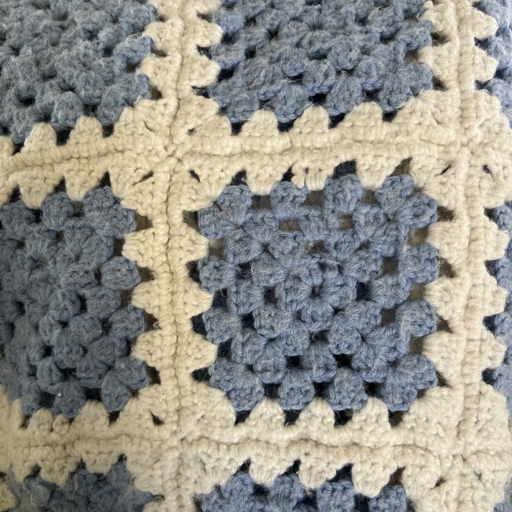 Large Handmade Crochet‎ Starburst Flower Granny Square Afghan Blue& White 63x63 - Picture 2 of 5